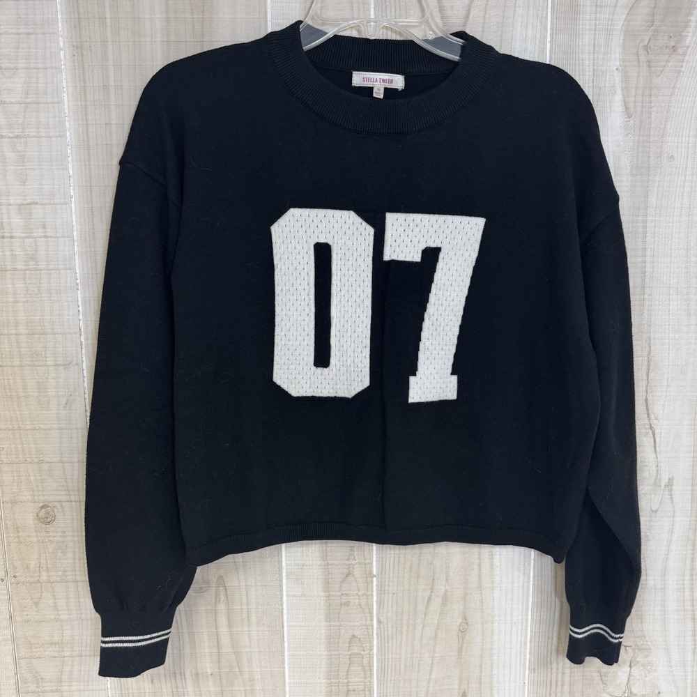 Stella Tweed Cropped Knit Sweater Black Varsity Cropped Collegiate Womens Medium